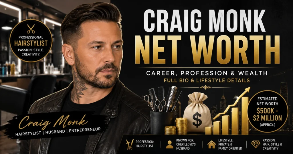 Craig Monk, professional hairstylist and husband of singer Cher Lloyd, with graphics showing his estimated net worth between $500K and $2M, luxury icons, hair styling tools, and career highlights.