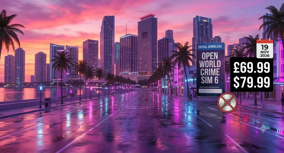 GTA 6 price graphic showing £69.99, a boxed edition with a download code instead of a disc, and the 19 November 2026 release date.