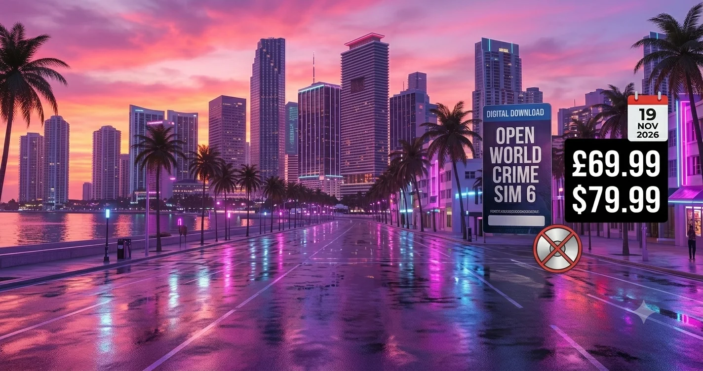 GTA 6 price graphic showing £69.99, a boxed edition with a download code instead of a disc, and the 19 November 2026 release date.