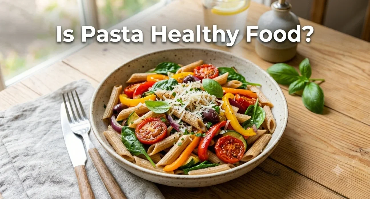 Bowl of whole grain pasta with colorful vegetables and olive oil on a bright table with text, Is Pasta Healthy Food?