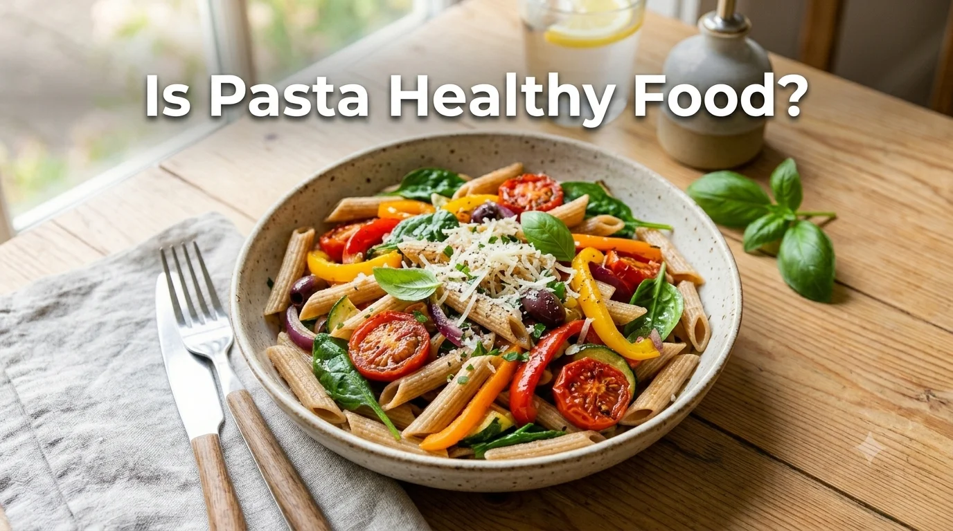 Bowl of whole grain pasta with colorful vegetables and olive oil on a bright table with text, Is Pasta Healthy Food?