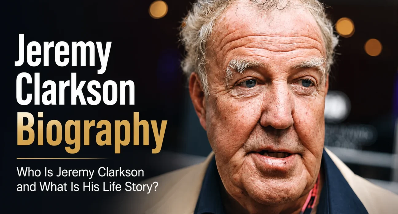 Magazine-style portrait of Jeremy Clarkson with biography title text and life story subtitle.