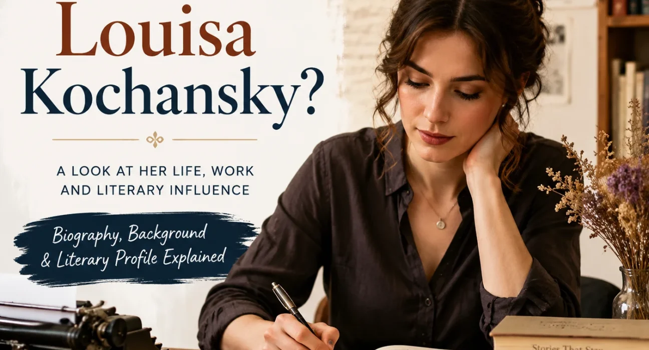 Woman writing in a cozy workspace surrounded by books, representing literary creativity and storytelling for a blog article about Louisa Kochansky and modern literature.