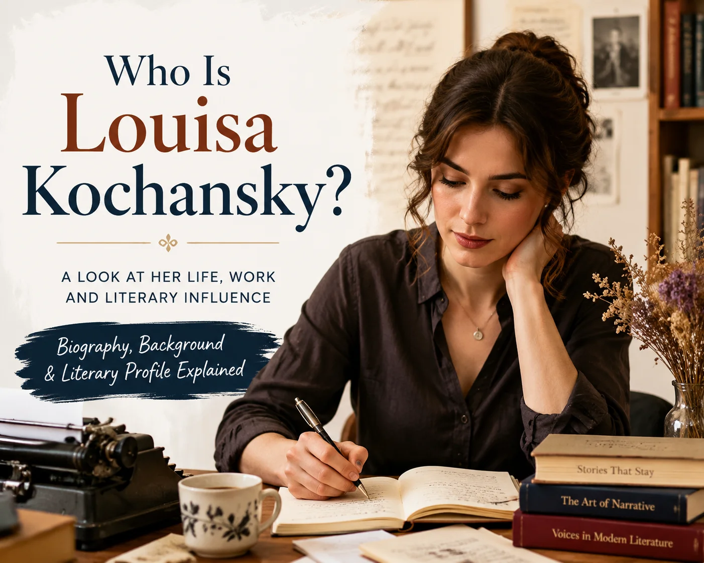 Woman writing in a cozy workspace surrounded by books, representing literary creativity and storytelling for a blog article about Louisa Kochansky and modern literature.