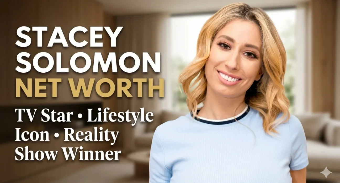 Stacey Solomon styled as a magazine cover portrait with luxury home background and bold text overlay reading “Stacey Solomon Net Worth”, representing her television career and lifestyle success.