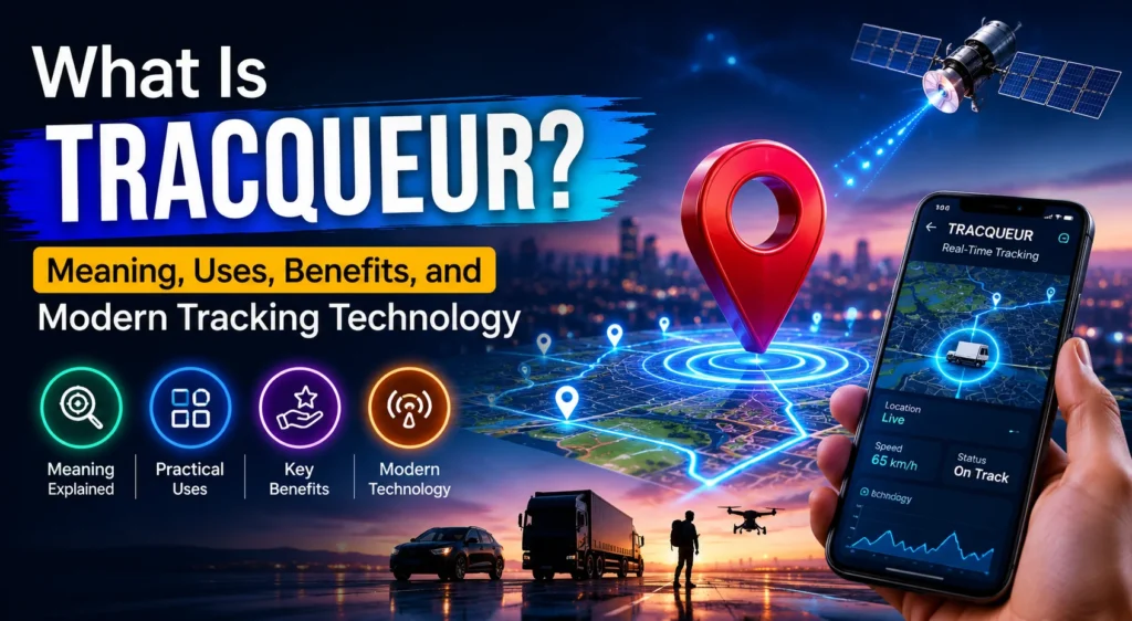Modern technology-themed featured image for 'What Is Tracqueur?' showing a digital tracking device, a smartphone displaying a live map route, and icons representing real-time tracking, security, efficiency, and long battery life.
