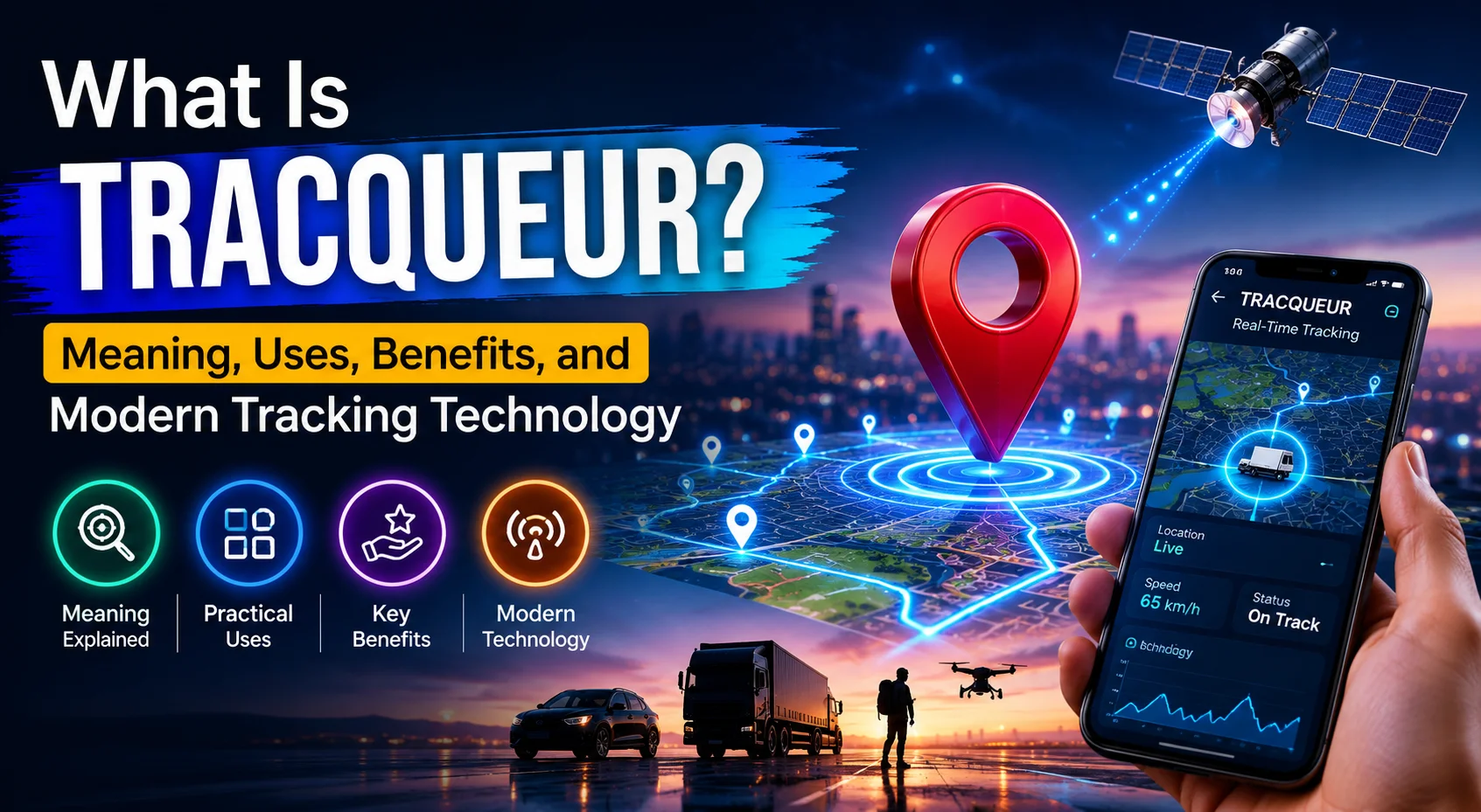 Modern technology-themed featured image for 'What Is Tracqueur?' showing a digital tracking device, a smartphone displaying a live map route, and icons representing real-time tracking, security, efficiency, and long battery life.