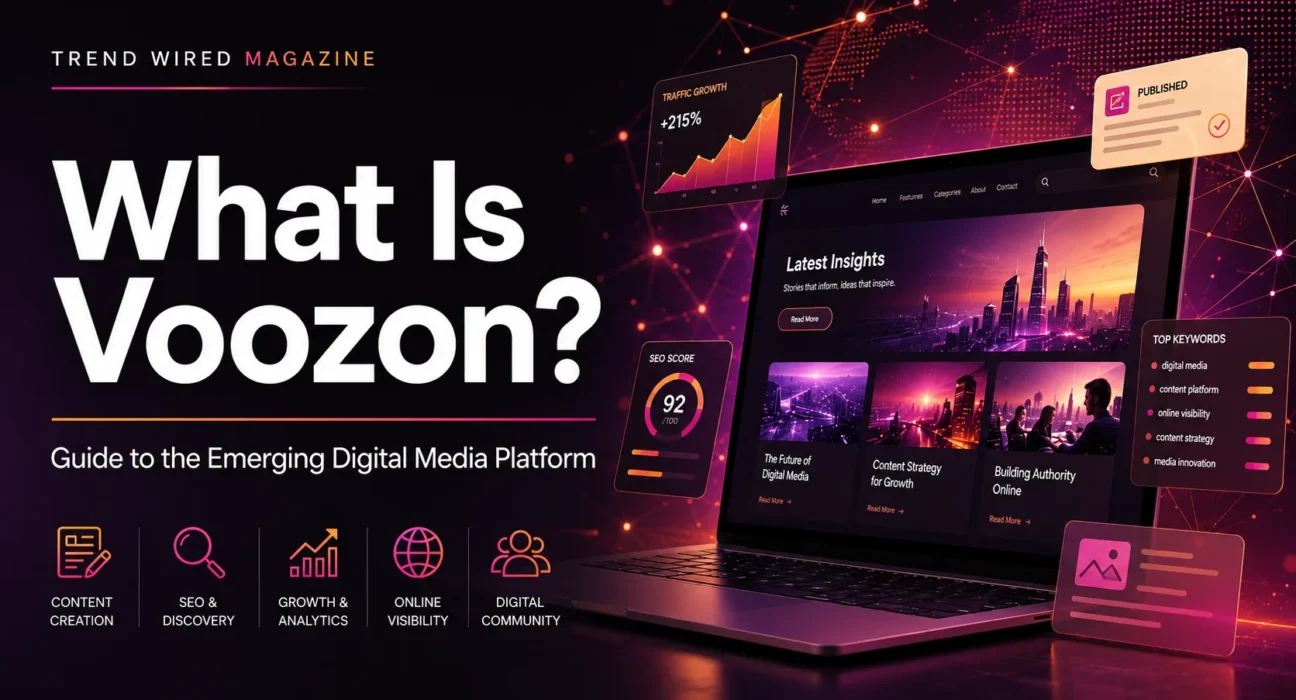 Voozon digital media platform featured image with laptop, SEO analytics, content publishing icons, and Trend Wired Magazine branding.