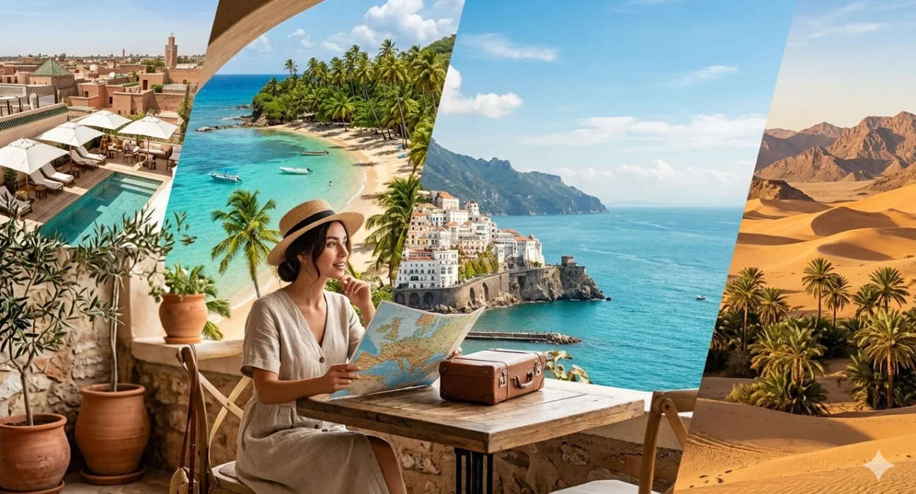 Where Is Hot in November travel guide featuring sunny beaches, palm trees, desert scenery, and warm coastal holiday destinations