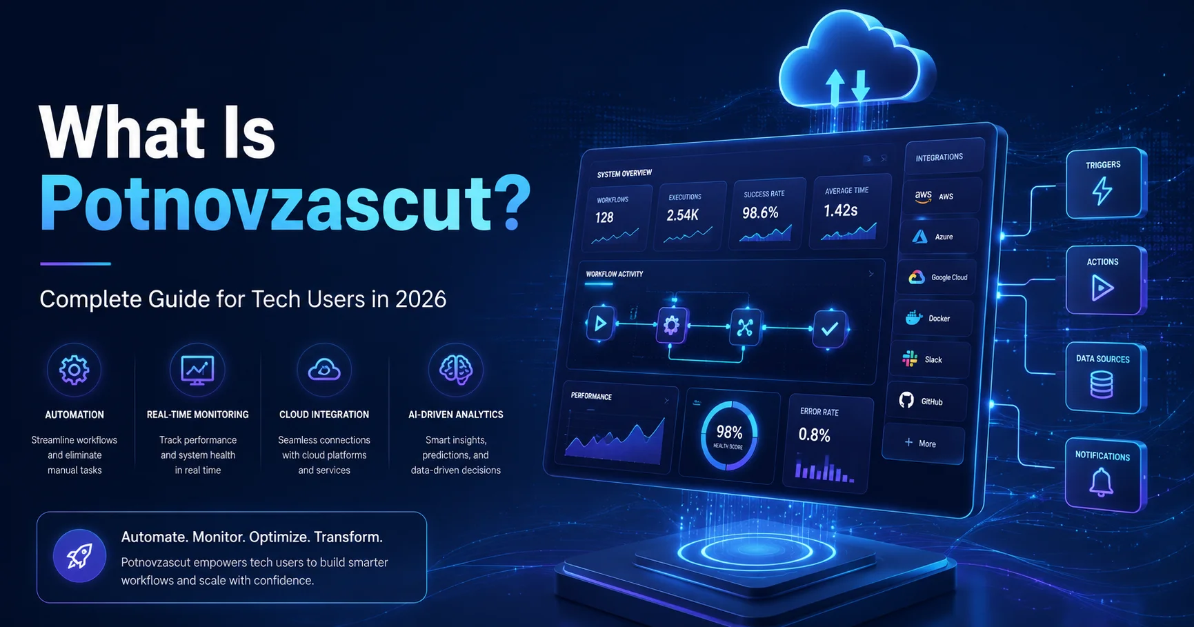 Futuristic Potnovzascut technology dashboard showing workflow automation, cloud integration, real-time monitoring, and AI analytics for tech users.