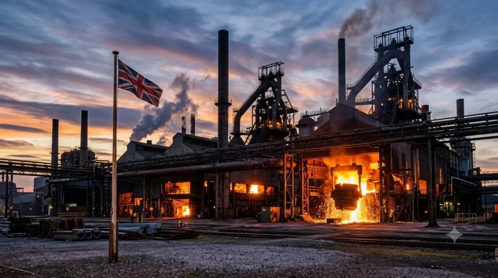 Steel mill at dusk with glowing furnaces and industrial chimneys, symbolising British Steel's nationalisation