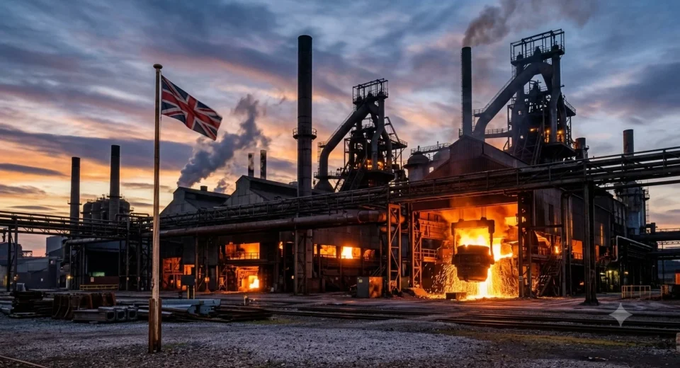 Steel mill at dusk with glowing furnaces and industrial chimneys, symbolising British Steel's nationalisation
