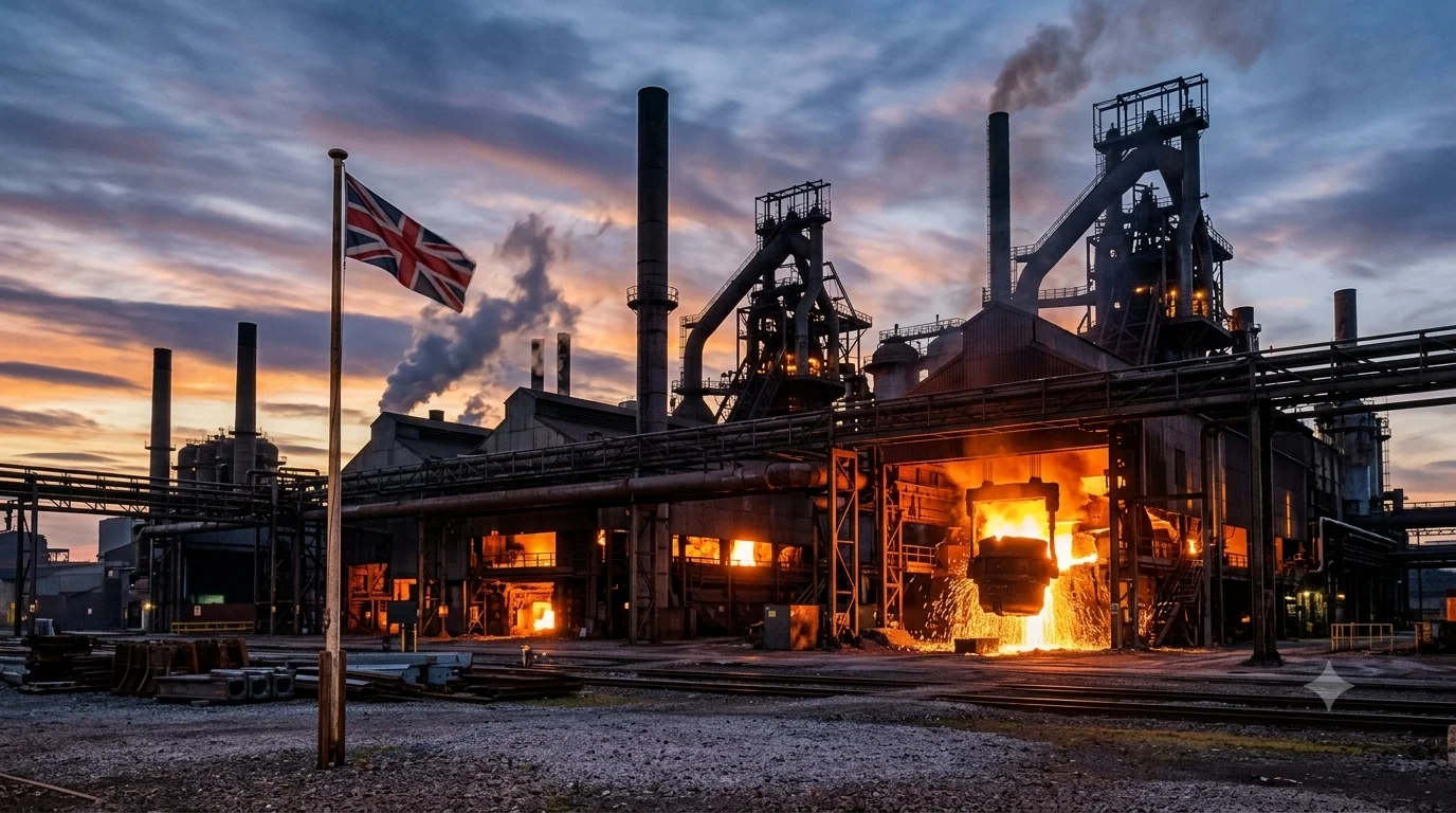 Steel mill at dusk with glowing furnaces and industrial chimneys, symbolising British Steel's nationalisation