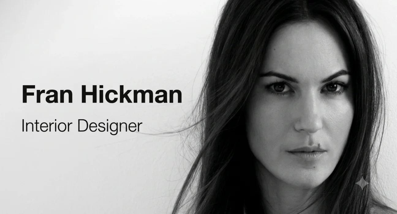 Black and white minimalist portrait of interior designer Fran Hickman on the right, featuring elegant, bold typography of her name and title on the soft, neutral background to the left.