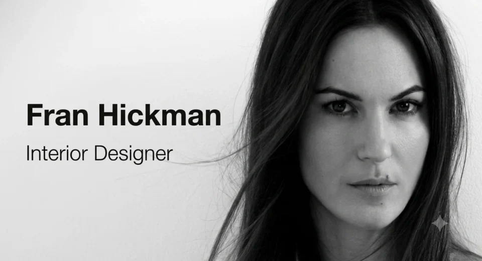 Black and white minimalist portrait of interior designer Fran Hickman on the right, featuring elegant, bold typography of her name and title on the soft, neutral background to the left.