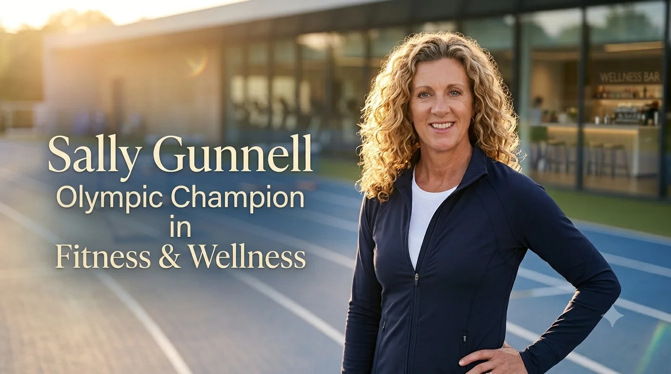 Sally Gunnell featured image showing the Olympic champion in a fitness and wellness inspired editorial setting.
