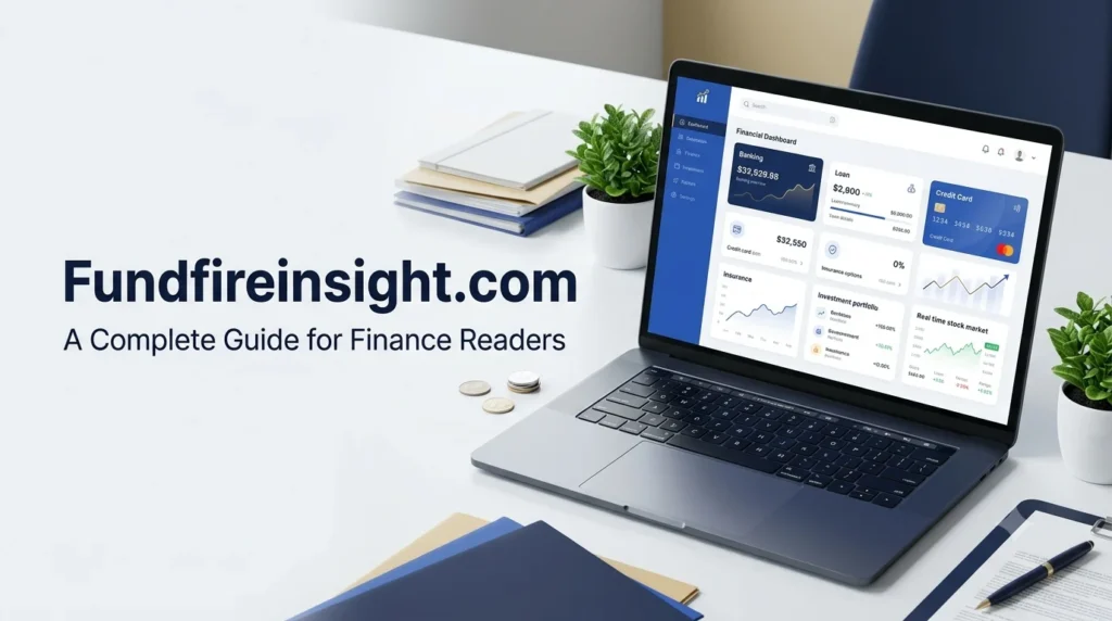 Fundfireinsight.com finance guide featuring a laptop, financial charts, coins, banking icons, loans, insurance, investments, and stock market symbols