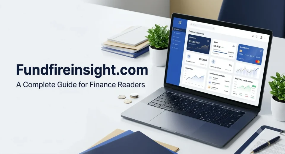 Fundfireinsight.com finance guide featuring a laptop, financial charts, coins, banking icons, loans, insurance, investments, and stock market symbols