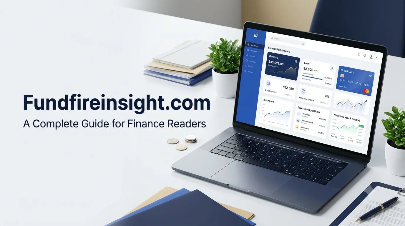 Fundfireinsight.com finance guide featuring a laptop, financial charts, coins, banking icons, loans, insurance, investments, and stock market symbols