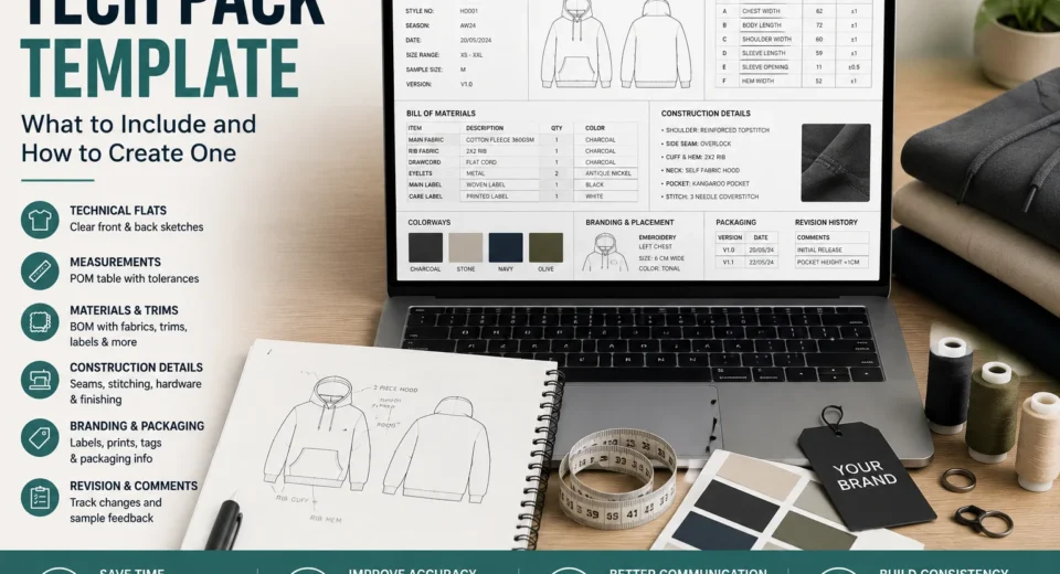 Tech pack template displayed on a laptop with hoodie technical flats, measurements, bill of materials, colourways and construction details.