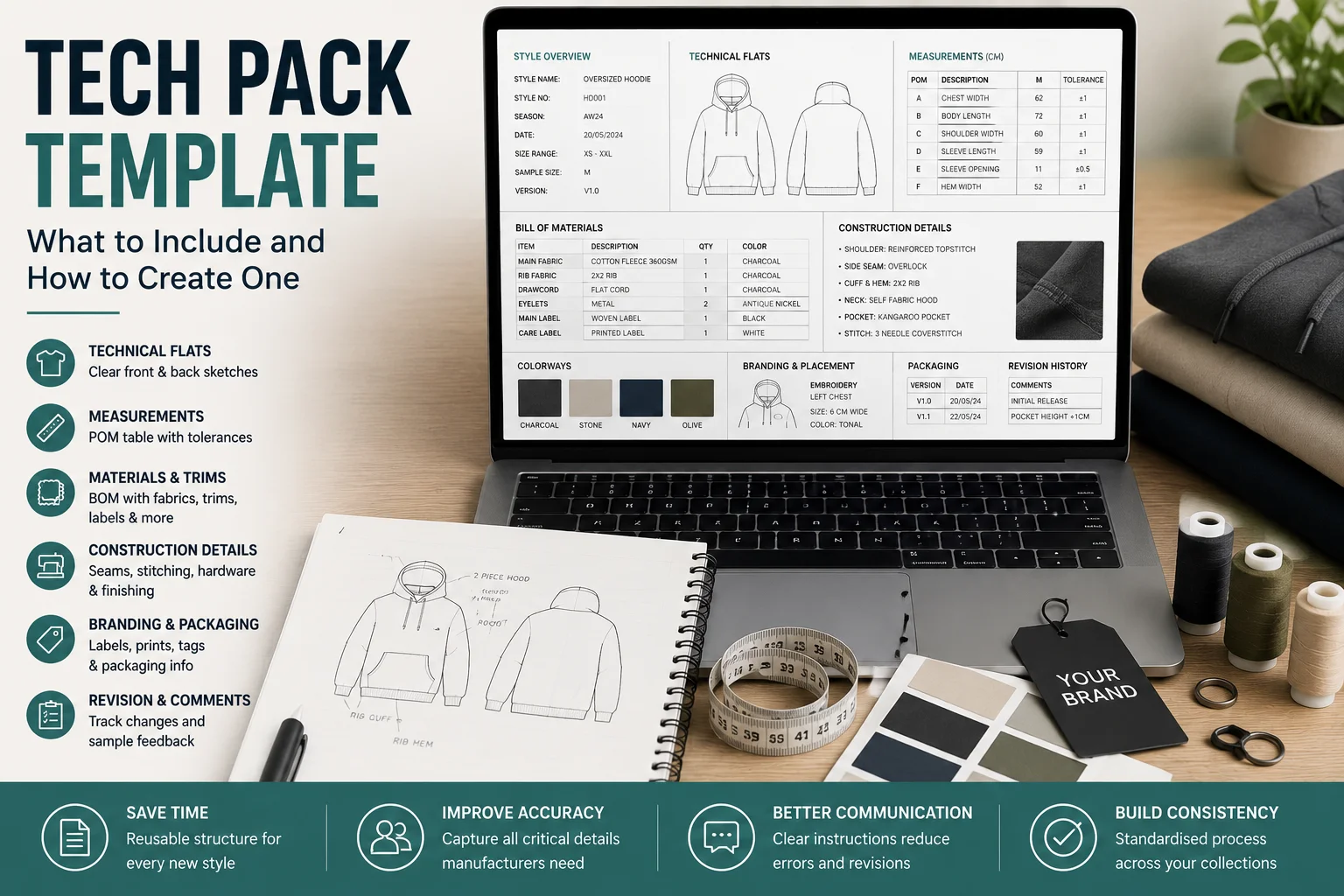 Tech pack template displayed on a laptop with hoodie technical flats, measurements, bill of materials, colourways and construction details.