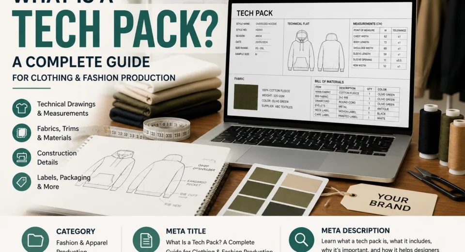 Clothing tech pack displayed on a laptop with garment technical drawings, measurements, fabric swatches and fashion production specifications.