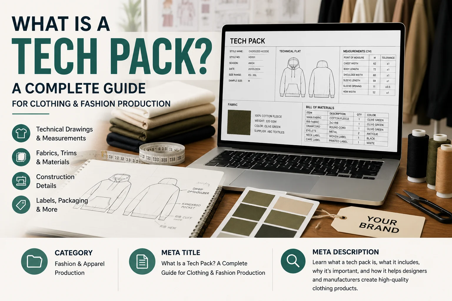 Clothing tech pack displayed on a laptop with garment technical drawings, measurements, fabric swatches and fashion production specifications.