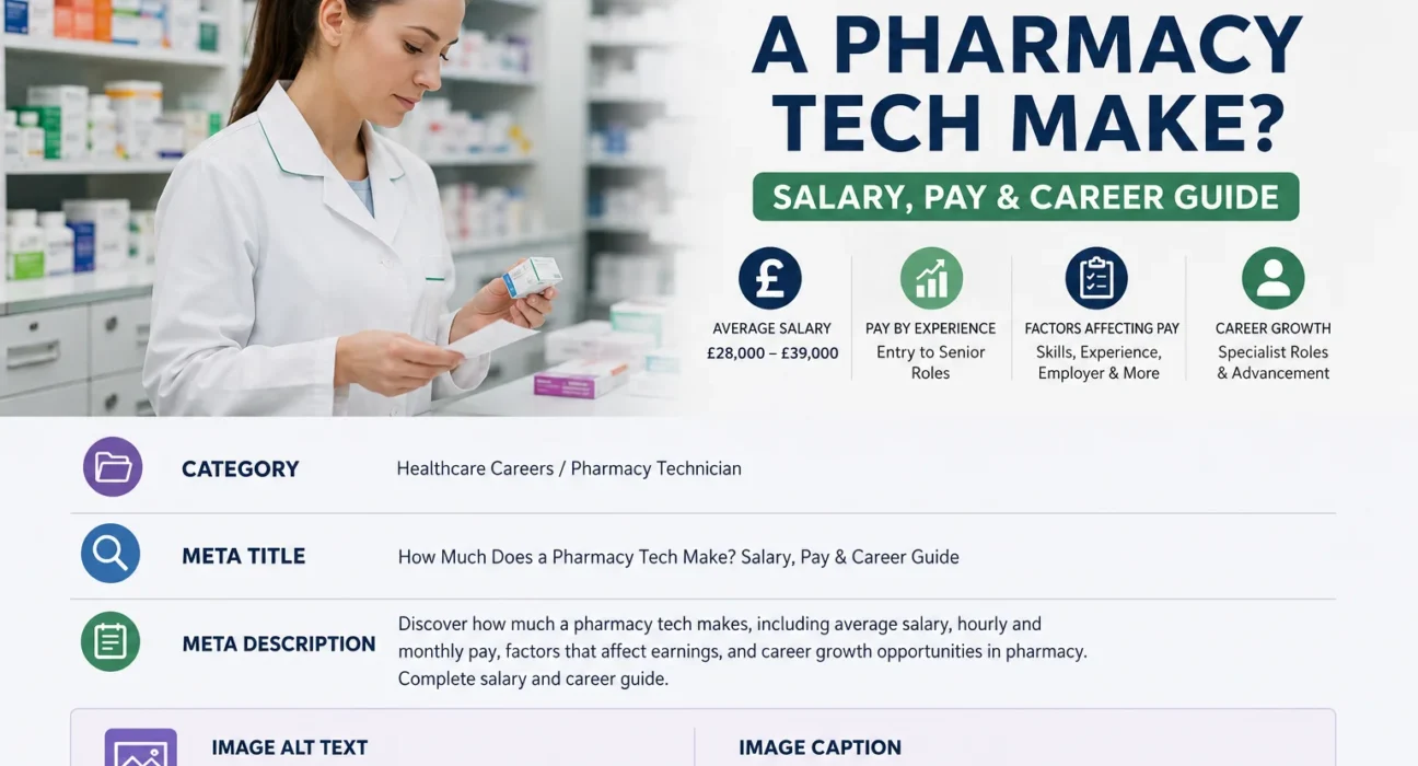 Pharmacy technician checking medication and prescription information in a modern pharmacy.