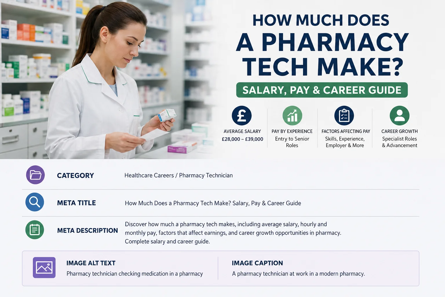 Pharmacy technician checking medication and prescription information in a modern pharmacy.