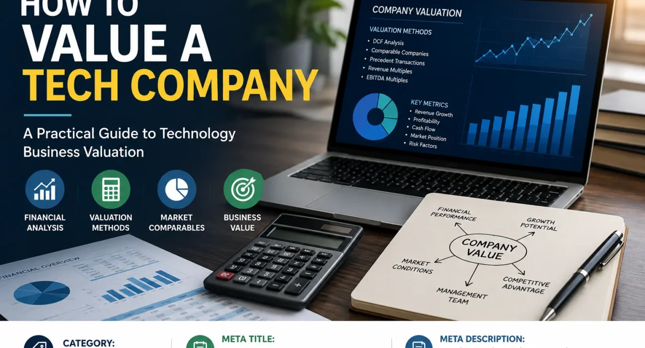 Tech company valuation analysis showing financial charts, valuation methods, calculator and business growth metrics.