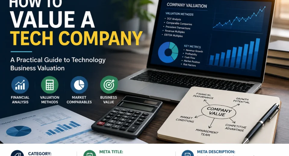 Tech company valuation analysis showing financial charts, valuation methods, calculator and business growth metrics.