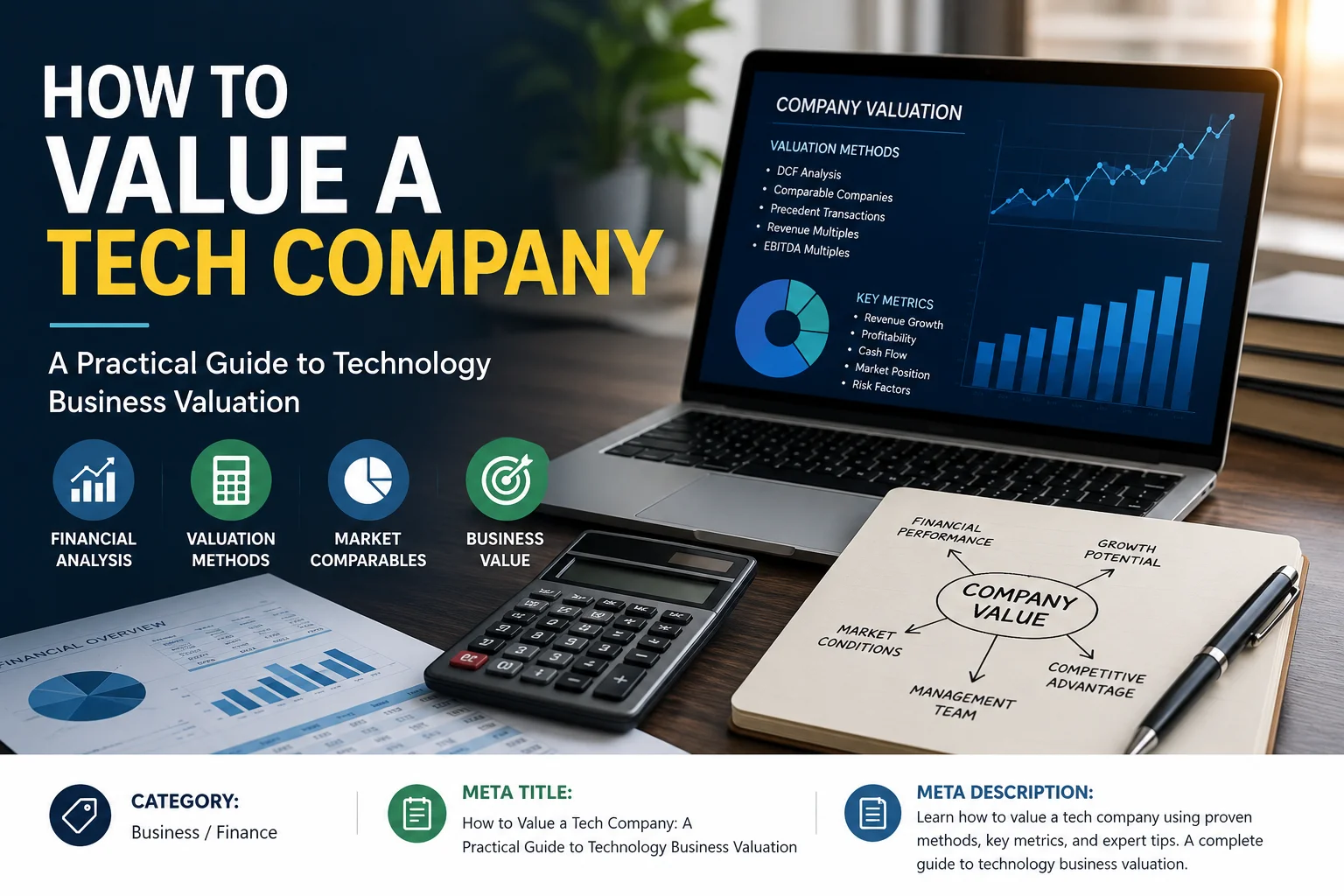 Tech company valuation analysis showing financial charts, valuation methods, calculator and business growth metrics.