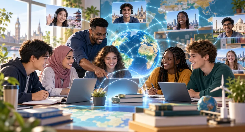 Diverse students and educators collaborating in a global classroom with a digital globe, online connections, and international learning technology representing Global Teaching Labs.