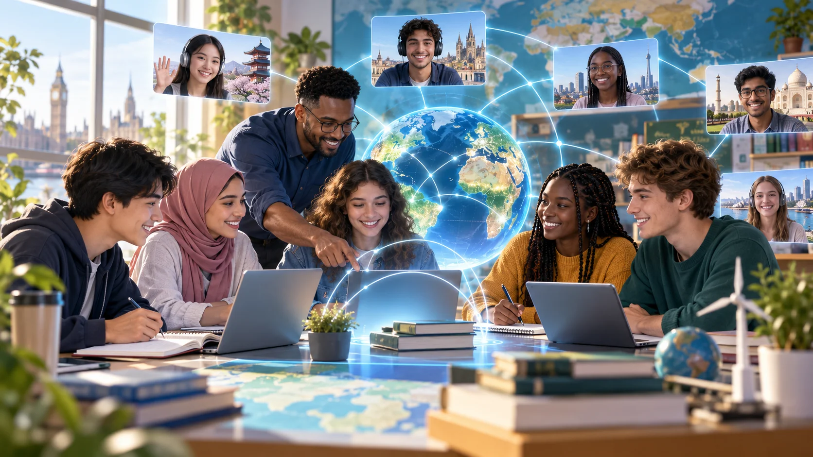 Diverse students and educators collaborating in a global classroom with a digital globe, online connections, and international learning technology representing Global Teaching Labs.