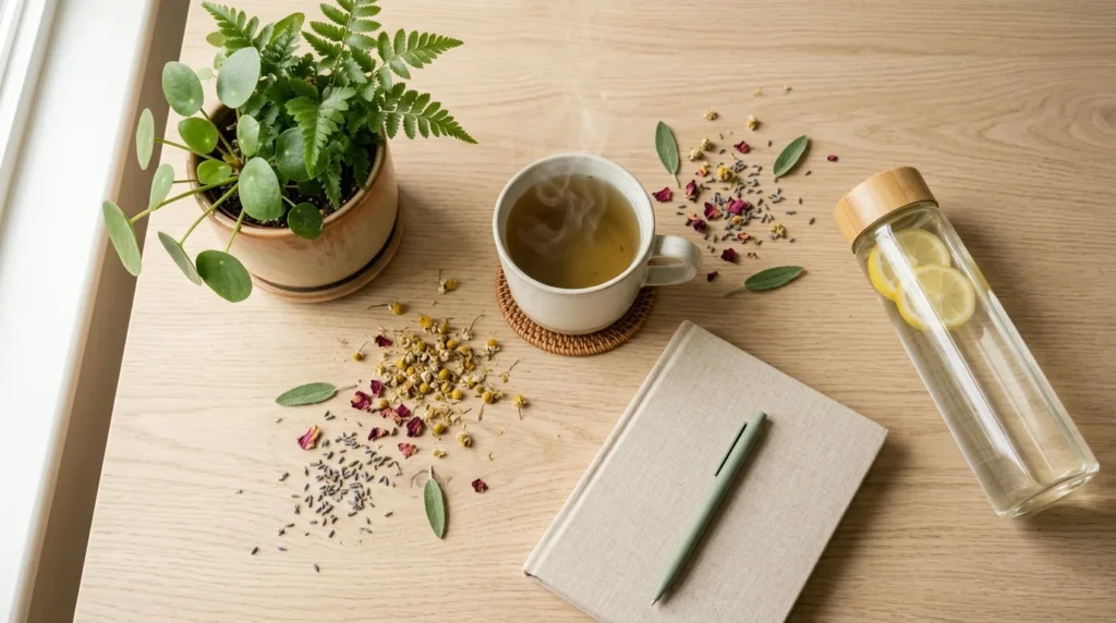 Flat lay of herbal tea, dried chamomile, a small plant and a notebook on a wooden table representing natural wellness habits