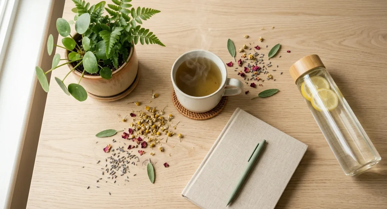 Flat lay of herbal tea, dried chamomile, a small plant and a notebook on a wooden table representing natural wellness habits