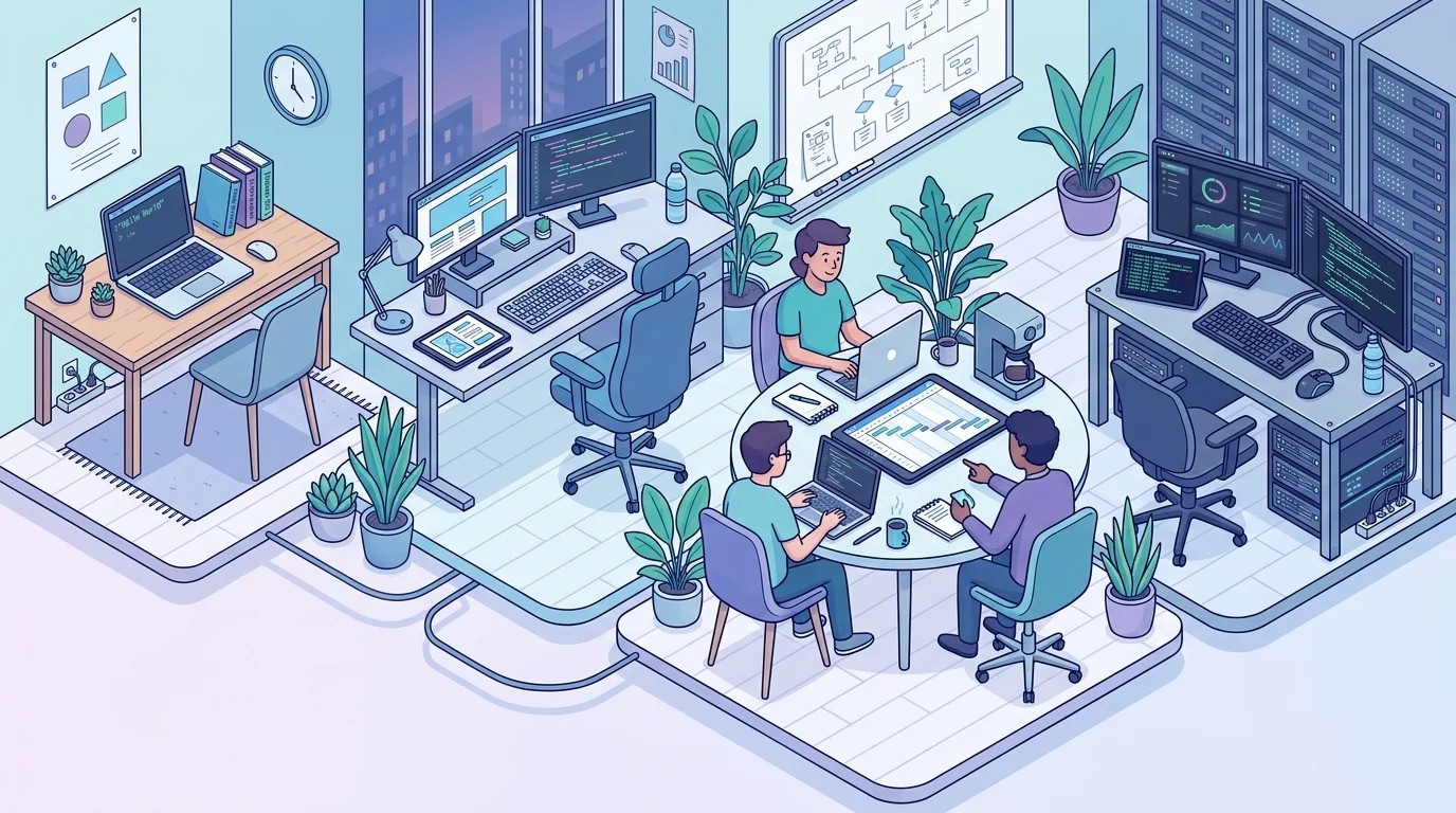 Four workstations showing sample tool stacks for beginners, web developers, startup teams and DevOps engineers
