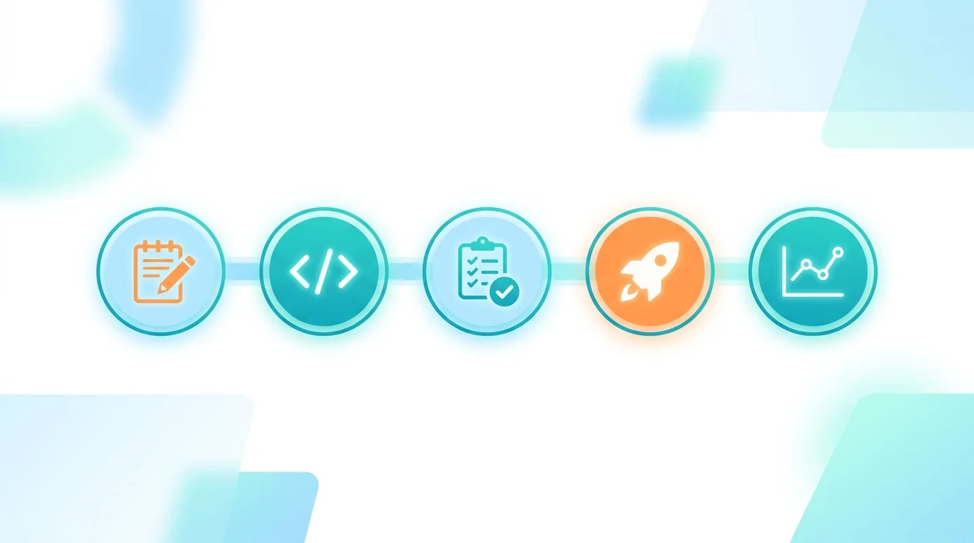Illustration of a developer workflow from planning and coding to testing, deployment and monitoring