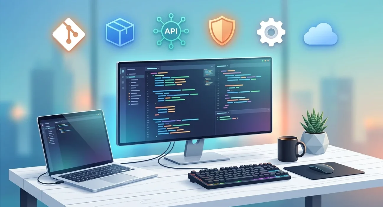 Developer desk with a code editor and icons representing the droven io best tech tools for developers in 2026