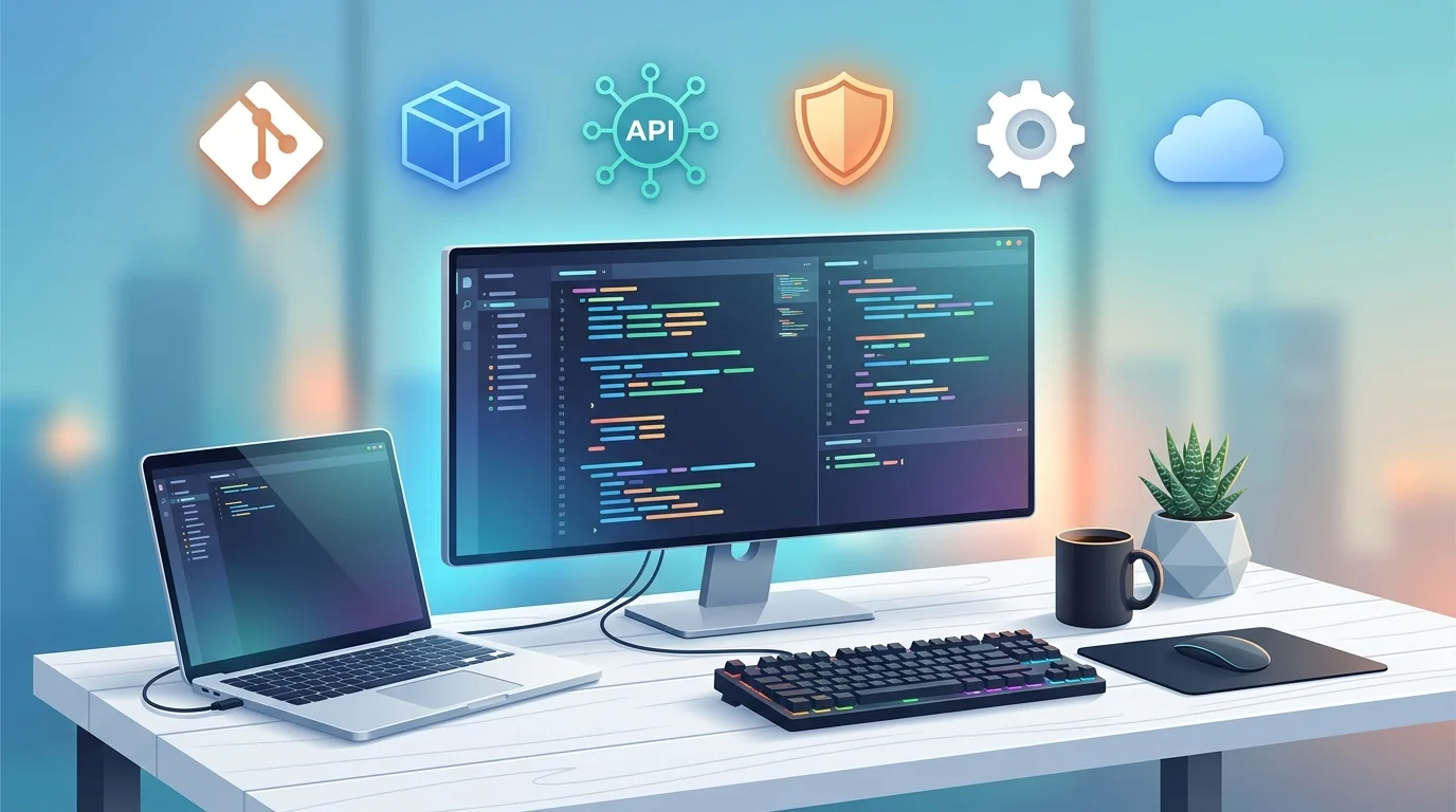 Developer desk with a code editor and icons representing the droven io best tech tools for developers in 2026