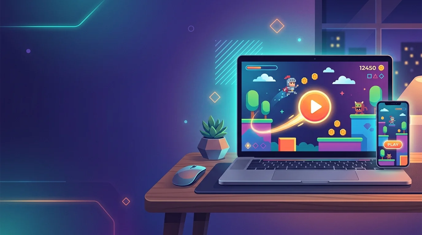Laptop and smartphone showing colorful browser games with a glowing play button