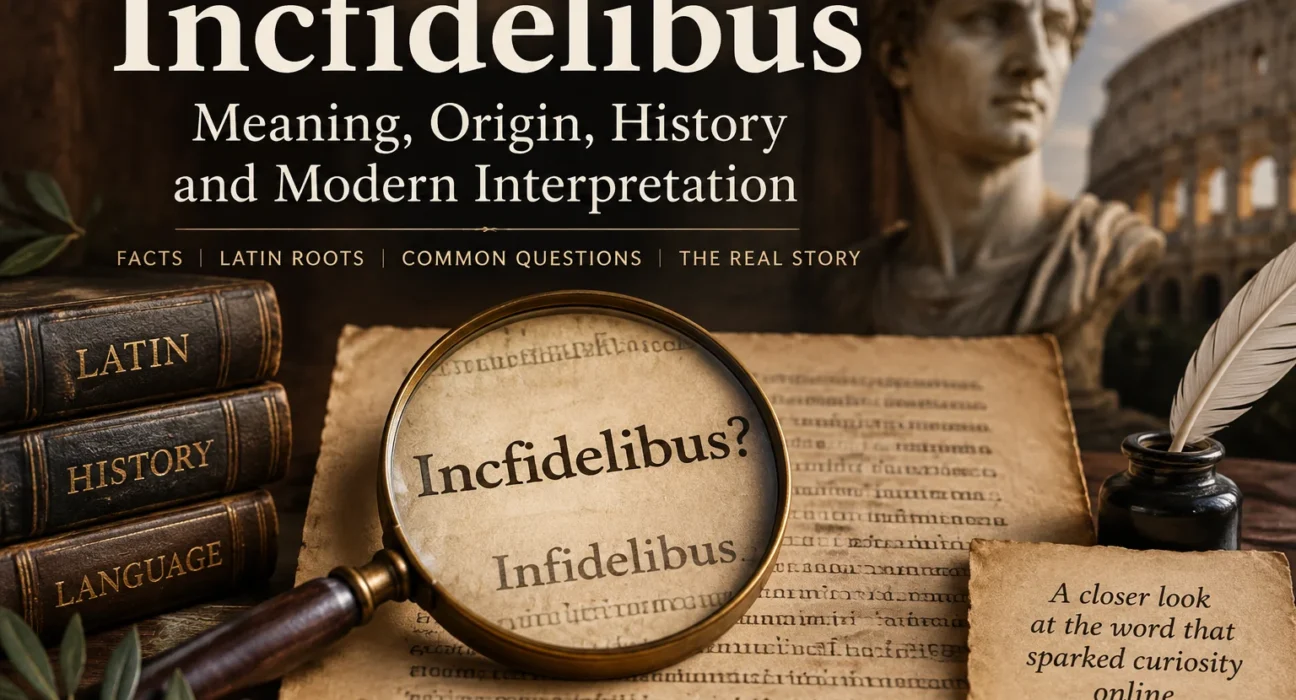 Incfidelibus meaning and origin explained through an ancient Latin manuscript, magnifying glass highlighting the difference between Incfidelibus and Infidelibus with Roman historical elements.