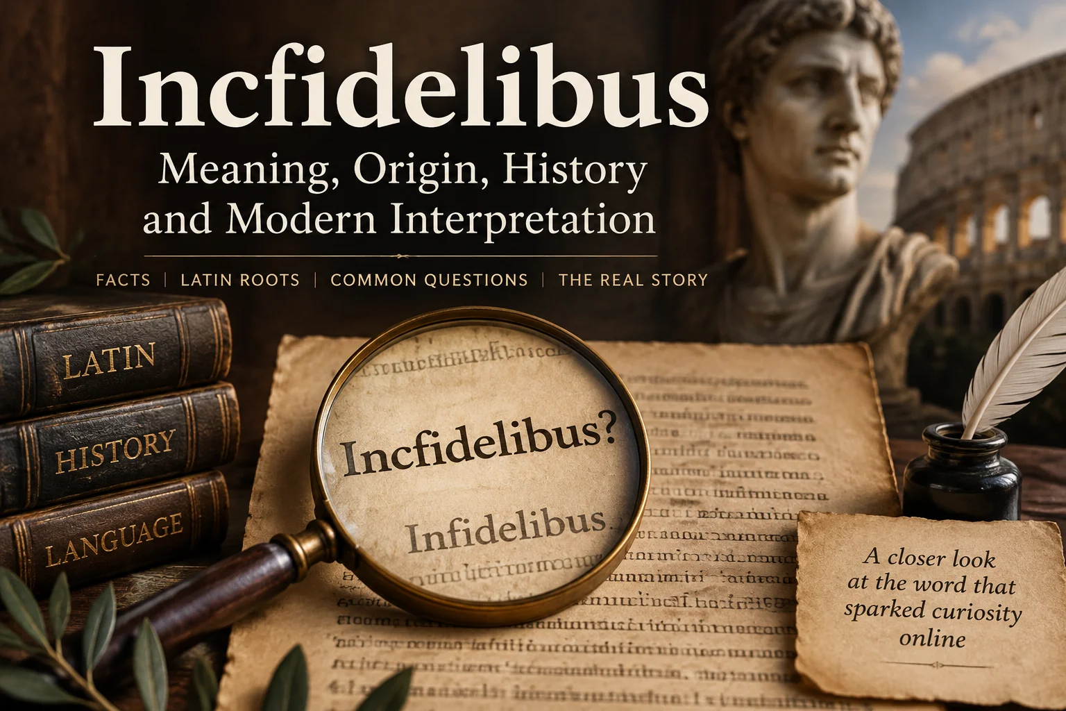Incfidelibus meaning and origin explained through an ancient Latin manuscript, magnifying glass highlighting the difference between Incfidelibus and Infidelibus with Roman historical elements.